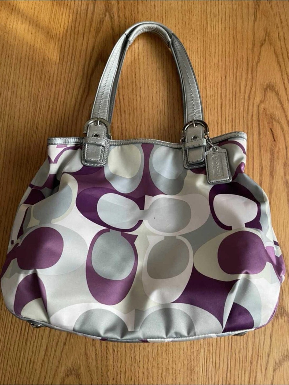 Coach Purple and Gray Signature Shoulder Tote with Silver Handles